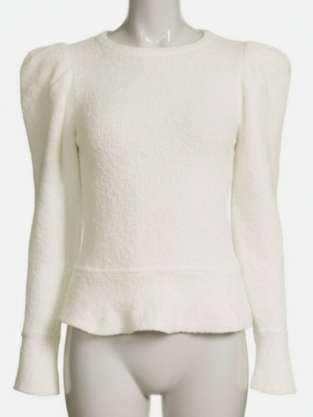 Donna Karan Women's Ivory City Mist Wool Long Knit Puff-Sleeve Sweater Size M
